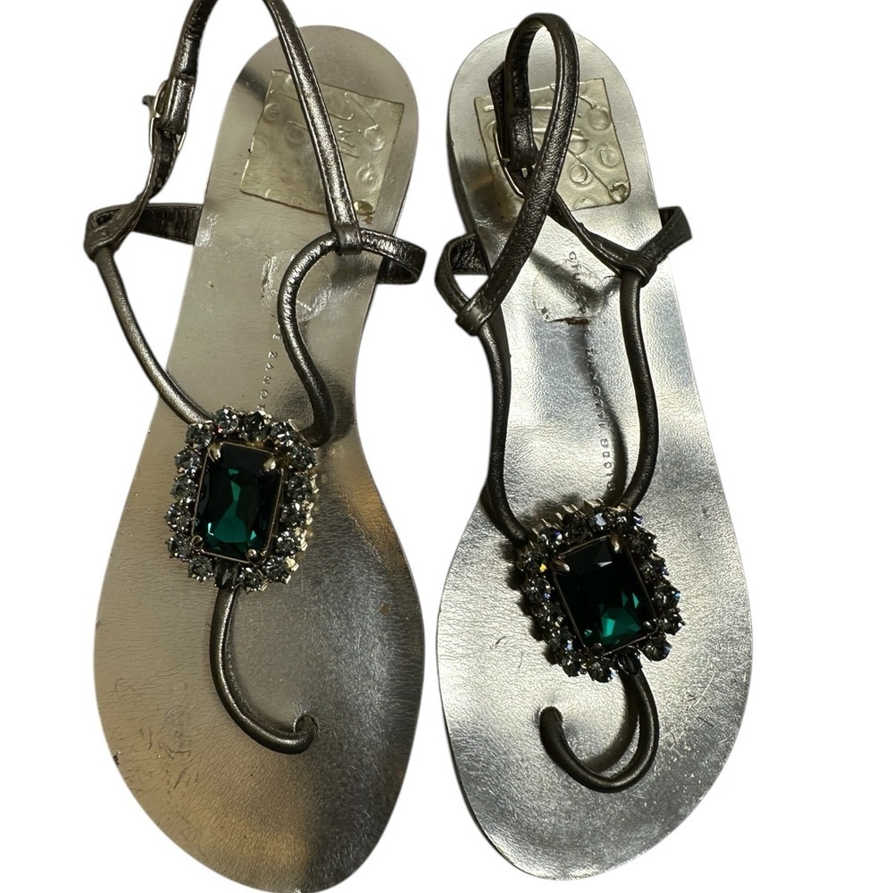Elegant Silver Sandals with Green Gemstone